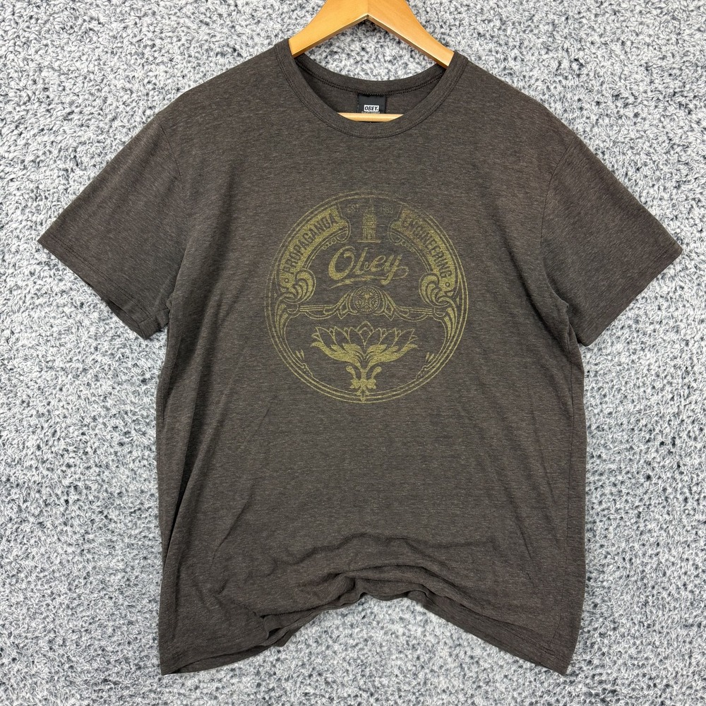 Vintage Obey Shirt Mens Large Brown Paper Thin Graphic Tee Made USA Tri Blend